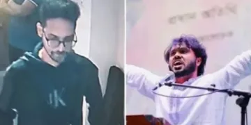 മുന്‍ ബംഗ്ലാദേശ് പ്രധാനമന്ത്രി ഷേഖ് ഹസീനയെ അധികാരത്തില്‍ നിന്നും പുറത്താക്കിയ വിദ്യാര്‍ത്ഥികലാപത്തിന്‍റെ നേതാവായ ഉസ്മാന്‍ ഖാദി. ഇദ്ദേഹം വെടിയേറ്റ് മരിച്ചു (വലത്ത്) ഉസ്മാന്‍ ഖാദിയെ വെടിവെച്ച് കൊന്ന ഫൈസന്‍ കരിം മസൂദ് (ഇടത്ത്)