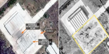 ഭാരത വ്യോമസേന തകര്‍ത്ത പാകിസ്ഥാനിലെ നൂര്‍ ഖാന്‍ വ്യോമത്താവളത്തിന്റെ ദൃശ്യം (ഇടത്), വ്യോമത്താവളം പുനര്‍നിര്‍മിക്കുന്നതിന്റെ ഉപഗ്രഹ ചിത്രം