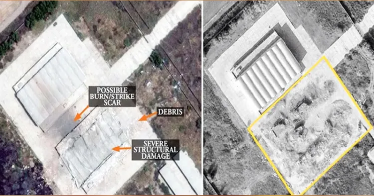 ഭാരത വ്യോമസേന തകര്‍ത്ത പാകിസ്ഥാനിലെ നൂര്‍ ഖാന്‍ വ്യോമത്താവളത്തിന്റെ ദൃശ്യം (ഇടത്), വ്യോമത്താവളം പുനര്‍നിര്‍മിക്കുന്നതിന്റെ ഉപഗ്രഹ ചിത്രം