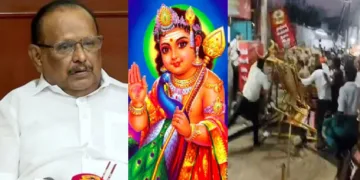 ഡിഎംകെ മന്ത്രി എസ് രഘുപതി (ഇടത്ത്) കാര്‍ത്തികൈ ദീപം കൊളുത്താന്‍ മുരുകന്‍ മലയിലേക്ക് കയറാന്‍ ശ്രമിച്ച ബിജെപി,ഹിന്ദുമുന്നണി, പ്രവര്‍ത്തകരെ‍ പൊലീസ് ലാത്തിച്ചാര്‍ജ് ചെയ്യുന്നു (വലത്ത്)