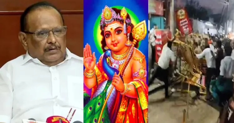 ഡിഎംകെ മന്ത്രി എസ് രഘുപതി (ഇടത്ത്) കാര്‍ത്തികൈ ദീപം കൊളുത്താന്‍ മുരുകന്‍ മലയിലേക്ക് കയറാന്‍ ശ്രമിച്ച ബിജെപി,ഹിന്ദുമുന്നണി, പ്രവര്‍ത്തകരെ‍ പൊലീസ് ലാത്തിച്ചാര്‍ജ് ചെയ്യുന്നു (വലത്ത്)