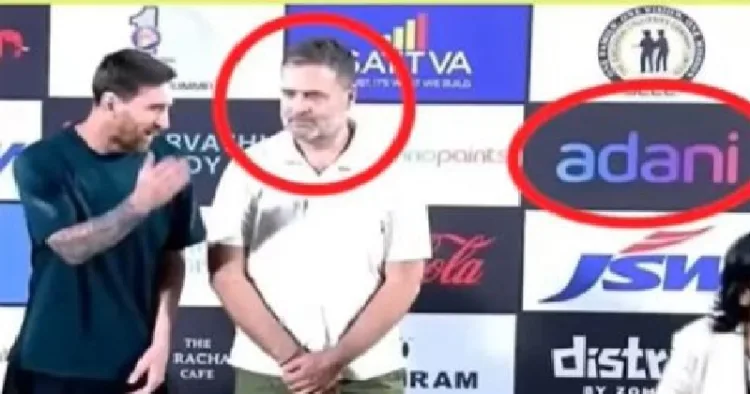 ഹൈദരാബാദില്‍ നടന്ന ചടങ്ങില്‍ രാഹുല്‍ ഗാന്ധി മെസ്സിയെ കാണുന്നു. ഈ പരിപാടി സ്പോണ്‍സര്‍ ചെയ്തതില്‍ പ്രധാന അദാനിയായിരുന്നു. ചിത്രത്തില്‍ ചുവന്ന വളയത്തില്‍ അദാനി എന്ന് എഴുതിയത് കാണാം.