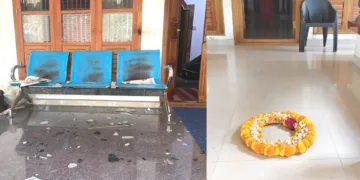 1. ലത നാരായണന്റെ വീട് സിപിഎം അക്രമികള്‍ തകര്‍ത്ത നിലയില്‍ 2. ഒ.വി. വിജേഷിന്റെ വീട്ടു വരാന്തയില്‍ സിപിഎം അക്രമികള്‍ റീത്ത് വെച്ചപ്പോള്‍