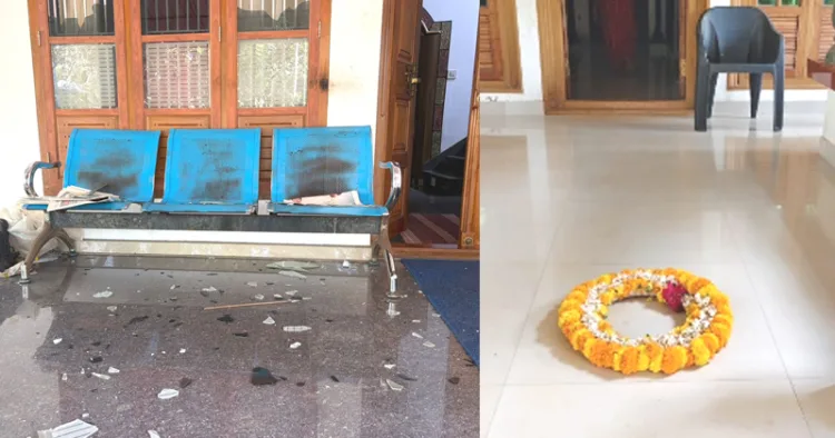 1. ലത നാരായണന്റെ വീട് സിപിഎം അക്രമികള്‍ തകര്‍ത്ത നിലയില്‍ 2. ഒ.വി. വിജേഷിന്റെ വീട്ടു വരാന്തയില്‍ സിപിഎം അക്രമികള്‍ റീത്ത് വെച്ചപ്പോള്‍