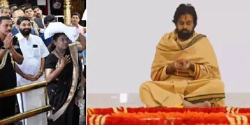 രാഷ്ട്രപതി ദ്രൗപദി മുര്‍മു ശബരിമലയില്‍ പ്രാര്‍ത്ഥിക്കുമ്പോള്‍ തൊട്ടടുത്ത് മന്ത്രി വാസവന്‍ (ഇടത്ത്) മായം കലര്‍ന്ന നെയ്യ് തിരുപ്പതിയിലെ ലഡ്ഡുവില്‍ ഉപയോഗിച്ചതിന് പ്രായശ്ചിത്തമായി 11 ദിവസത്തെ തപം അനുഷ്ഠിക്കുന്ന ആന്ധ്ര ഉപമുഖ്യമന്ത്രി പവന്‍ കല്യാണ്‍ (വലത്ത്)