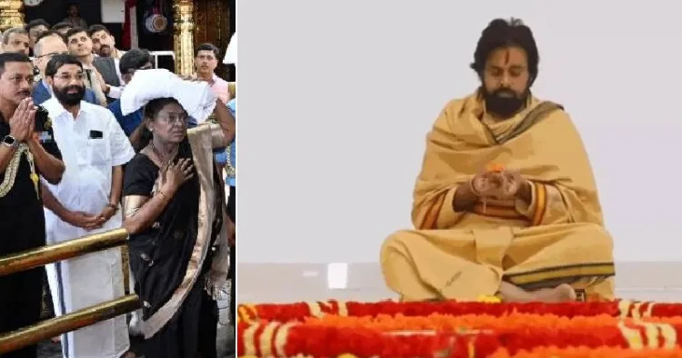 രാഷ്ട്രപതി ദ്രൗപദി മുര്‍മു ശബരിമലയില്‍ പ്രാര്‍ത്ഥിക്കുമ്പോള്‍ തൊട്ടടുത്ത് മന്ത്രി വാസവന്‍ (ഇടത്ത്) മായം കലര്‍ന്ന നെയ്യ് തിരുപ്പതിയിലെ ലഡ്ഡുവില്‍ ഉപയോഗിച്ചതിന് പ്രായശ്ചിത്തമായി 11 ദിവസത്തെ തപം അനുഷ്ഠിക്കുന്ന ആന്ധ്ര ഉപമുഖ്യമന്ത്രി പവന്‍ കല്യാണ്‍ (വലത്ത്)