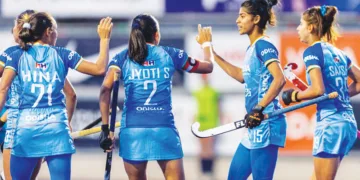 വെയ്ല്‍സിനെതിരെ ഗോള്‍ നേട്ടം ആഘോഷിക്കുന്ന ഭാരത ജൂനിയര്‍ ഹോക്കി വനിതാ ടീം