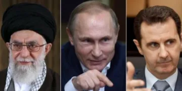 അലി ഖൊമേനി (ഇടത്ത്) പുടിന്‍ (നടുവില്‍) ബാഷര്‍ അല്‍ അസ്സാദ് (വലത്ത്)