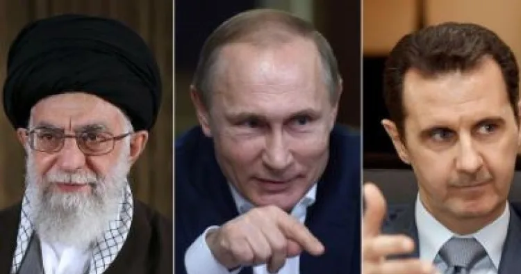 അലി ഖൊമേനി (ഇടത്ത്) പുടിന്‍ (നടുവില്‍) ബാഷര്‍ അല്‍ അസ്സാദ് (വലത്ത്)