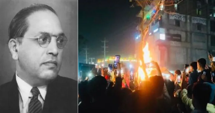 ഇന്ത്യന്‍ ഭരണഘടന എഴുതുന്നതില്‍ നിര്‍ണ്ണായക പങ്കുവഹിച്ച ബി.ആര്‍. അംബേദ്കര്‍ (ഇടത്ത്) ദീപു ചന്ദ്രദാസ് എന്ന ഗാര്‍മെന്‍റ് ഫാക്ടറിയിലെ തൊഴിലാളിയെ ബംഗ്ലാദേശിലെ കലാപകാരികളായ വിദ്യാര്‍ത്ഥികള്‍ അടിച്ചുകൊന്ന ശേഷം കത്തിക്കുന്നു (വലത്ത്)