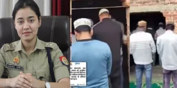 യോഗി സര്‍ക്കാര്‍ നിയോഗിച്ച ചുണക്കുട്ടിയായ എസ് പി അനിഷ് ക വര്‍മ്മ (ഇടത്ത്) മറ്റൊരാളുടെ ഉടമസ്ഥതയിലുള്ള പൂട്ടിക്കിടക്കുന്ന വീട് തുടര്‍ച്ചയായി നമാസിന് ഉപയോഗിക്കുന്നവര്‍ (വലത്ത്)