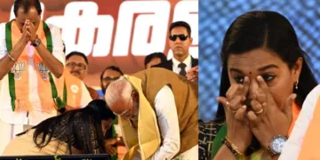 മോദിയുടെ കാല്‍ തൊട്ട് വന്ദിക്കുന്ന ആശ ജി നാഥ് (ഇടത്ത്) ആ വൈകാരിക മുഹൂര്‍ത്തില്‍ കണ്ണ് നനഞ്ഞ് ആശാ ജി നാഥ് (വലത്ത്)