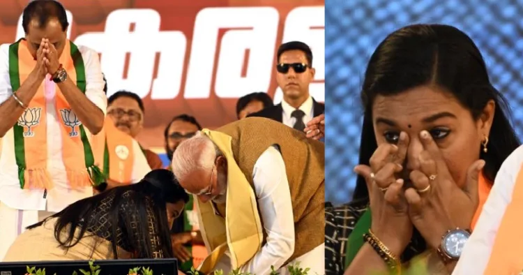 മോദിയുടെ കാല്‍ തൊട്ട് വന്ദിക്കുന്ന ആശ ജി നാഥ് (ഇടത്ത്) ആ വൈകാരിക മുഹൂര്‍ത്തില്‍ കണ്ണ് നനഞ്ഞ് ആശാ ജി നാഥ് (വലത്ത്)