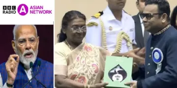 റഹ്മാന്‍ രാഷ്ട്രപതി ദ്രൗപദി മുര്‍മുവില്‍ നിന്നും അവാര്‍ഡ് വാങ്ങുന്നു (വലത്ത്)