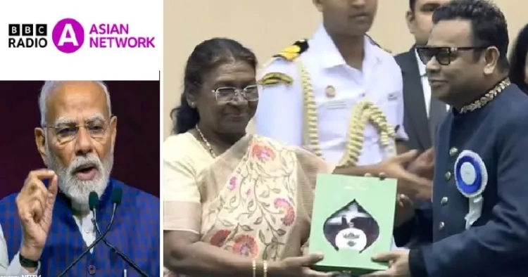 റഹ്മാന്‍ രാഷ്ട്രപതി ദ്രൗപദി മുര്‍മുവില്‍ നിന്നും അവാര്‍ഡ് വാങ്ങുന്നു (വലത്ത്)