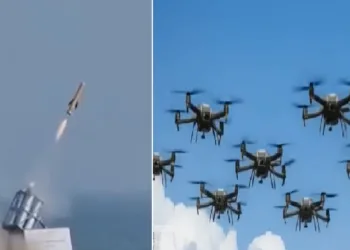 ഭാര്‍ഗ്ഗവാസ്ത്ര തൊടുക്കുന്ന മിസൈല്‍. ഇതുപോലെ 64 മിസൈലുകളെ ഒറ്റയടിക്ക് തൊടുക്കാന്‍ ഭാര്‍ഗ്ഗവാസ്ത്രയ്ക്ക് സാധിക്കും (ഇടത്ത്) കൂട്ടത്തോടെ ആക്രമിക്കാനെത്തുന്ന തുര്‍ക്കിയുടെ ചാവേര്‍ ഡ്രോണുകള്‍ (വലത്ത്)