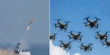 ഭാര്‍ഗ്ഗവാസ്ത്ര തൊടുക്കുന്ന മിസൈല്‍. ഇതുപോലെ 64 മിസൈലുകളെ ഒറ്റയടിക്ക് തൊടുക്കാന്‍ ഭാര്‍ഗ്ഗവാസ്ത്രയ്ക്ക് സാധിക്കും (ഇടത്ത്) കൂട്ടത്തോടെ ആക്രമിക്കാനെത്തുന്ന തുര്‍ക്കിയുടെ ചാവേര്‍ ഡ്രോണുകള്‍ (വലത്ത്)