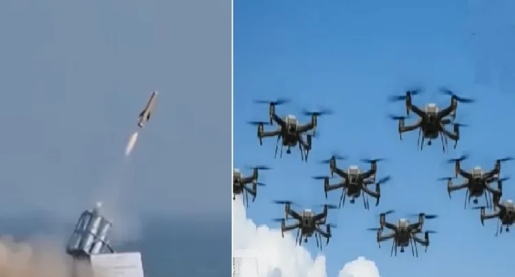 ഭാര്‍ഗ്ഗവാസ്ത്ര തൊടുക്കുന്ന മിസൈല്‍. ഇതുപോലെ 64 മിസൈലുകളെ ഒറ്റയടിക്ക് തൊടുക്കാന്‍ ഭാര്‍ഗ്ഗവാസ്ത്രയ്ക്ക് സാധിക്കും (ഇടത്ത്) കൂട്ടത്തോടെ ആക്രമിക്കാനെത്തുന്ന തുര്‍ക്കിയുടെ ചാവേര്‍ ഡ്രോണുകള്‍ (വലത്ത്)