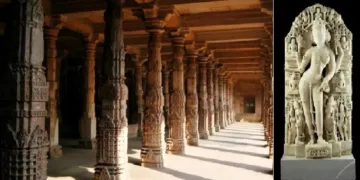 ഭോജരാജാവ് സ്ഥാപിച്ച ഭോജശാലയുടെ കല്‍ത്തൂണ്‍ മണ്ഡപം (ഇടത്ത്) ഭോജരാജാവ് നിര്‍മ്മിച്ച സരസ്വതീക്ഷേത്രത്തിലെ സരസ്വതീവിഗ്രഹം. 1902ല്‍ കഴ്സന്‍ പ്രഭു ഇത് ഇംഗ്ലണ്ടിലേക്ക് കടത്തി (വലത്ത്)