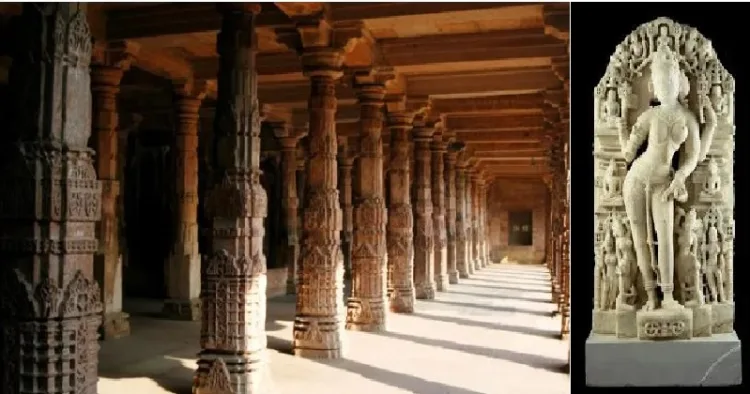 ഭോജരാജാവ് സ്ഥാപിച്ച ഭോജശാലയുടെ കല്‍ത്തൂണ്‍ മണ്ഡപം (ഇടത്ത്) ഭോജരാജാവ് നിര്‍മ്മിച്ച സരസ്വതീക്ഷേത്രത്തിലെ സരസ്വതീവിഗ്രഹം. 1902ല്‍ കഴ്സന്‍ പ്രഭു ഇത് ഇംഗ്ലണ്ടിലേക്ക് കടത്തി (വലത്ത്)