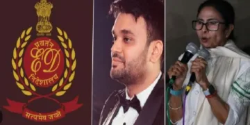 ഐ പാക് മേധാവി പ്രതീക് ജെയിന്‍ (നടുവില്‍) കള്ളപ്പണ ഇടപാടില്‍ ഐപാകില്‍ നടന്ന ഇഡി റെയ്ഡിനെതിരെ ഓടിയെത്തി പ്രസംഗിച്ച് മമത (വലത്ത്)