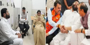 അജിത് പവാറിന്‍റെ വേര്‍പാടിന്‍റെ നൊമ്പരത്തില്‍ ഇരിയ്ക്കുന്ന സുനേത്ര പവാറിനെ കാണാന്‍ എത്തിയ ഫഡ്നാവിസും ഷിന്‍ഡേയും (ഇടത്ത്) അജിത് പവാറും ദേവേന്ദ്ര ഫഡ് നാവിസും ഏക് നാഥ് ഷിന്‍ഡേയും ഊഷ്മള സൗഹൃദം പങ്കിടുന്നു (വലത്ത്)