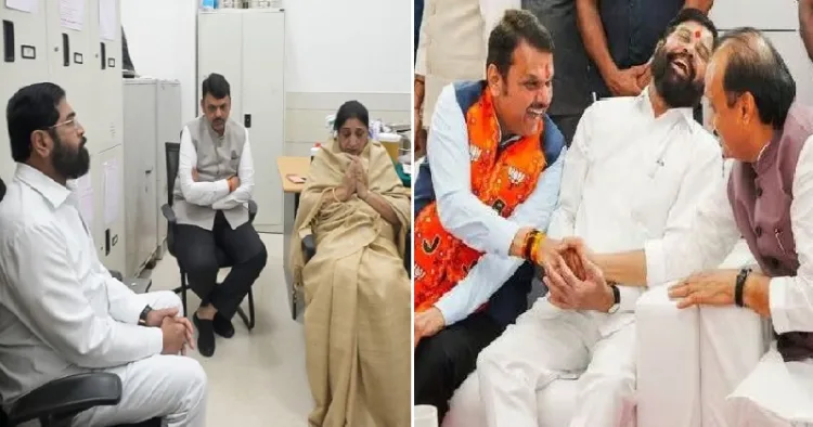 അജിത് പവാറിന്‍റെ വേര്‍പാടിന്‍റെ നൊമ്പരത്തില്‍ ഇരിയ്ക്കുന്ന സുനേത്ര പവാറിനെ കാണാന്‍ എത്തിയ ഫഡ്നാവിസും ഷിന്‍ഡേയും (ഇടത്ത്) അജിത് പവാറും ദേവേന്ദ്ര ഫഡ് നാവിസും ഏക് നാഥ് ഷിന്‍ഡേയും ഊഷ്മള സൗഹൃദം പങ്കിടുന്നു (വലത്ത്)