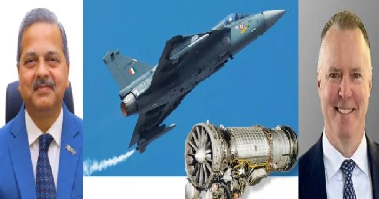 ഹിന്ദുസ്ഥാൻ എയ്‌റോനോട്ടിക്‌സ് ലിമിറ്റഡ് (എച്ച്എഎൽ) ചെയർമാൻ ഡോ. ഡി.കെ. സുനിൽ(ഇടത്ത്) എഫ് 404 എഞ്ചിന്‍ (നടുവില്‍) ജിഇ എയ്‌റോസ്‌പേസിലെ പ്രതിരോധ എഞ്ചിനുകളുടെ ചുമതലയുള്ള വൈസ് പ്രസിഡന്‍റും ജനറൽ മാനേജരുമായ പോൾ ഫെറാരോ (വലത്ത്)