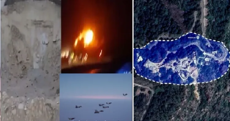 ഇന്ത്യന്‍ വ്യോമസേനയുടെ വിമാനങ്ങള്‍ കൂട്ടത്തോടെ പാകിസ്ഥാനിലെ സര്‍ഗോദയിലേക്ക് പറക്കുന്നു (നടുവില്‍ താഴെ) കിരാന കുന്നുകളില്‍ നടന്ന ആക്രമണത്തിന്‍റെ രേഖാചിത്രം (വലത്ത്) നൂര്‍ഖാന്‍ വ്യോമബേസില്‍ ബ്രഹ്മോസ് മിസൈല്‍ പതിച്ച് ഉണ്ടായ അഗാധഗര്‍ത്തം (ഇടത്ത്)