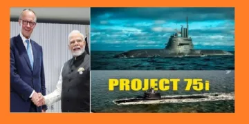 ജർമ്മൻ ചാൻസലർ ഫ്രെഡറിക് മെർസും മോദിയും (ഇടത്ത്) ആധുനിക അന്തര്‍വാഹിനി (വലത്ത് മുകളില്‍) ആധുനിക അന്തര്‍വാഹിനി നിര്‍മ്മിക്കാനുള്ള ഇന്ത്യയുടെ പദ്ധതി പ്രൊജക്ട് 75ഐ (വലത്ത് താഴെ)