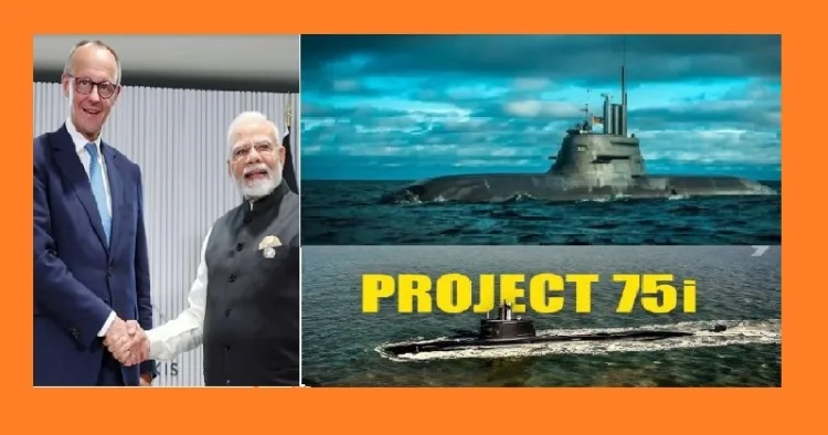 ജർമ്മൻ ചാൻസലർ ഫ്രെഡറിക് മെർസും മോദിയും (ഇടത്ത്) ആധുനിക അന്തര്‍വാഹിനി (വലത്ത് മുകളില്‍) ആധുനിക അന്തര്‍വാഹിനി നിര്‍മ്മിക്കാനുള്ള ഇന്ത്യയുടെ പദ്ധതി പ്രൊജക്ട് 75ഐ (വലത്ത് താഴെ)