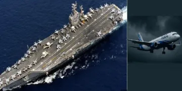 എഫ് 35 ഉള്‍പ്പെടെയുള്ള 90 യുദ്ധവിമാനങ്ങള്‍ വിശ്രമിക്കുന്ന യുഎസ് യുദ്ധക്കപ്പലായ എബ്രഹാം ലിങ്കണ്‍ ഒമാന്‍ കടലിലേക്ക് (ഇടത്ത്) റദ്ദാക്കിയ ഇന്‍ഡിഗോ വിമാനം (വലത്ത്)