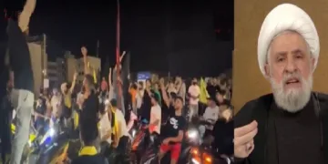 ലെബനിലെ ഹെസ്ബുള്ള നേതാവ് നെയിം ഖസീമി (വലത്ത്) ഇറാഖിലെ കതൈബ് ഹെസ്ബുള്ള ഗ്രൂപ്പിലെ യുവാക്കള്‍ അമേരിക്കയോട് പ്രതികാരം ചെയ്യുമെന്ന് പ്രതിജ്ഞയെടുക്കുന്നു (ഇടത്ത്)