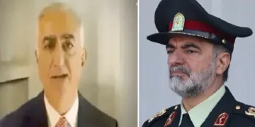 ഇറാന്‍റെ വിമത നേതാവും ഷാ ഭരണത്തിന്‍റെ പിന്‍ഗാമിയുമായ റെസ് പെഹ്ലവിയുടെ പ്രസംഗം ഇറാന്‍ ടിവിയില്‍ സംപ്രേഷണം ചെയ്യുന്നു (ഇടത്ത്) ഇറാന്‍റെ പൊലീസ് മേധാവി അഹ്മദ് റെസ റദാന്‍(വലത്ത്)