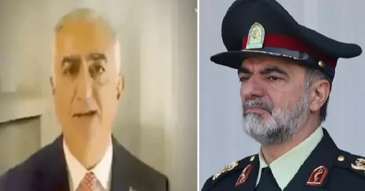 ഇറാന്‍റെ വിമത നേതാവും ഷാ ഭരണത്തിന്‍റെ പിന്‍ഗാമിയുമായ റെസ് പെഹ്ലവിയുടെ പ്രസംഗം ഇറാന്‍ ടിവിയില്‍ സംപ്രേഷണം ചെയ്യുന്നു (ഇടത്ത്) ഇറാന്‍റെ പൊലീസ് മേധാവി അഹ്മദ് റെസ റദാന്‍(വലത്ത്)