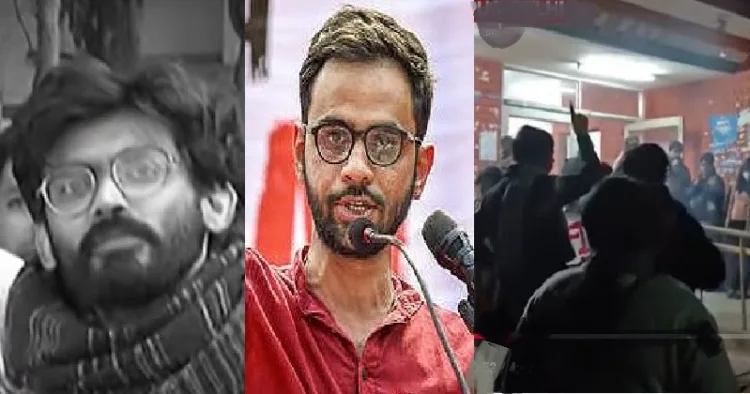 അഞ്ച് വര്‍ഷമായി ജയിലില്‍ അടക്കപ്പെട്ട ഷെര്‍ജീല്‍ ഇമാം (ഇടത്ത്) ഉമര്‍ ഖാലിദ് (നടുവില്‍) ജെഎന്‍യു വിദ്യാര്‍ത്ഥി സമരം (വലത്ത്)