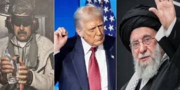 നിക്കോളാസ് മഡൂറോയെ അമേരിക്കന്‍ പട്ടാളം വിലങ്ങ് വെച്ച് കൊണ്ടുപോകുന്നു (ഇടത്ത്) ഇറാന്‍ നേതാവ് അലി ഖൊമേനി (വലത്ത്)