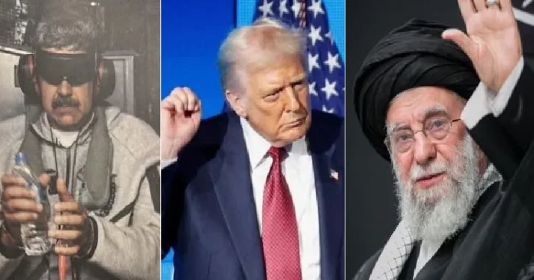 നിക്കോളാസ് മഡൂറോയെ അമേരിക്കന്‍ പട്ടാളം വിലങ്ങ് വെച്ച് കൊണ്ടുപോകുന്നു (ഇടത്ത്) ഇറാന്‍ നേതാവ് അലി ഖൊമേനി (വലത്ത്)