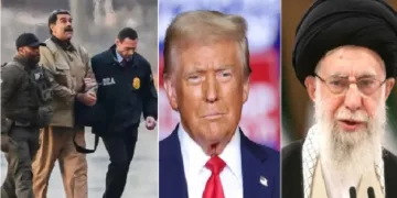 വെനസ്വേല പ്രസിഡന്‍റ് മഡൂറോയെ വിലങ്ങുവെച്ച് അമേരിക്കന്‍ പട്ടാളക്കാര്‍ കൊണ്ടുപോകുന്നു (ഇടത്ത്)