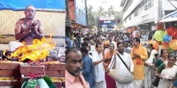 1. യജ്ഞശാലയില്‍ ലക്ഷ്മണന്‍ തില്ലങ്കേരി ആചാര്യനായി നടന്ന സൂര്യഗണപതിഹോമം, 2. മഹാമേരു രഥയാത്ര സ്വീകരണത്തില്‍ വാദ്യഘോഷങ്ങളുമായി അണിനിരന്നവര്‍