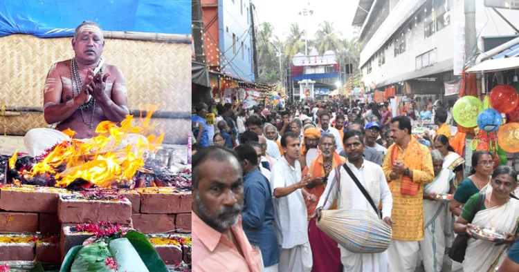 1. യജ്ഞശാലയില്‍ ലക്ഷ്മണന്‍ തില്ലങ്കേരി ആചാര്യനായി നടന്ന സൂര്യഗണപതിഹോമം, 2. മഹാമേരു രഥയാത്ര സ്വീകരണത്തില്‍ വാദ്യഘോഷങ്ങളുമായി അണിനിരന്നവര്‍