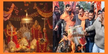 മാതാ വൈഷ്ണോദേവി (ഇടത്ത്) മാതാ വൈഷ്ണോദേവിക്ഷേത്രത്തിലെ ഭക്തരുടെ സംഭാവനയില്‍ പടുത്തിയര്‍ത്തിയ കോളെജില്‍ 50ല്‍ 46 സീറ്റുകളും കശ്മീരി മുസ്ലിങ്ങള്‍ക്ക് നല്‍കിയതില്‍ പ്രതിഷേധവുമായി ബജ്രംഗ് ദള്‍ പ്രവര്‍ത്തകര്‍ (വലത്ത്)