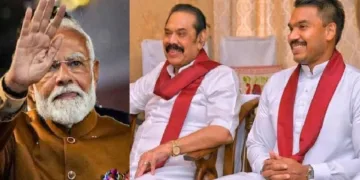 മുന്‍ ശ്രീലങ്കന്‍ പ്രധാനമന്ത്രി മഹിന്ദ രാജപക്സെയും അഭിഭാഷകനായ മകന്‍ നമല്‍ രാജപക്സെയും (വലത്ത്)