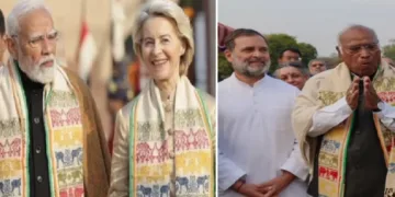 അസമില്‍ നിന്നും നെയ്തെടുത്ത ഗമോസ ഷാളുകള്‍ ധരിച്ച് പ്രധാനമന്ത്രി മോദിയും യൂറോപ്യന്‍ കമ്മീഷന്‍ പ്രസിഡന്‍റ് ഉര്‍സുല വോള്‍ഡെര്‍ ലെയനും കോണ്‍ഗ്രസ് പ്രസിഡന്‍റ് മല്ലികാര്‍ജുന്‍ ഖാര്‍ഗെയും. ഗമോസ ഷാള്‍ ധരിയ്ക്കാതെ രാഹുല്‍ ഗാന്ധി.