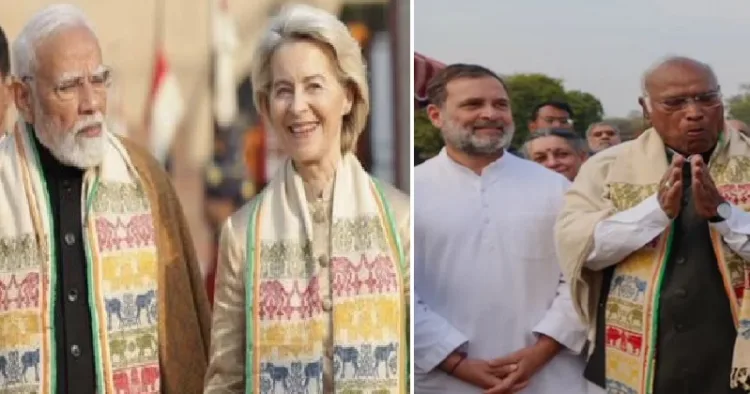 അസമില്‍ നിന്നും നെയ്തെടുത്ത ഗമോസ ഷാളുകള്‍ ധരിച്ച് പ്രധാനമന്ത്രി മോദിയും യൂറോപ്യന്‍ കമ്മീഷന്‍ പ്രസിഡന്‍റ് ഉര്‍സുല വോള്‍ഡെര്‍ ലെയനും കോണ്‍ഗ്രസ് പ്രസിഡന്‍റ് മല്ലികാര്‍ജുന്‍ ഖാര്‍ഗെയും. ഗമോസ ഷാള്‍ ധരിയ്ക്കാതെ രാഹുല്‍ ഗാന്ധി.