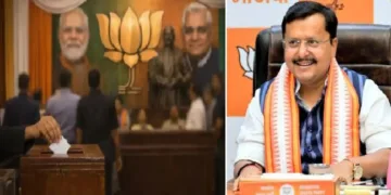 പുതിയ ബിജെപി ദേശീയ പ്രസിഡന്‍റായി തെരഞ്ഞെടുക്കപ്പെട്ട നിതിന്‍ നബീന്‍ (വലത്ത്)