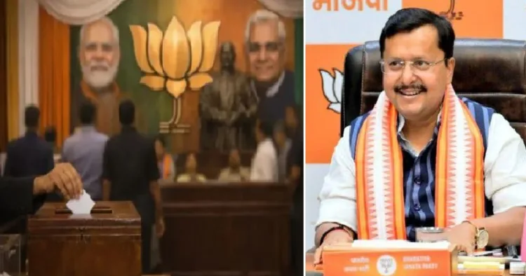 പുതിയ ബിജെപി ദേശീയ പ്രസിഡന്‍റായി തെരഞ്ഞെടുക്കപ്പെട്ട നിതിന്‍ നബീന്‍ (വലത്ത്)