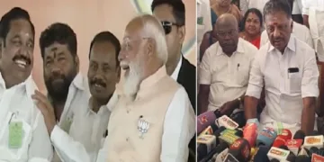 തമിഴ്നാട്ടിലെ മധുരാന്തകത്ത് എന്‍ഡിഎ പൊതുയോഗത്തിനെത്തിയ മോദി എഐഎഡിഎംകെ നേതാവും മുന്‍മുഖ്യമന്ത്രിയുമായ പനീര്‍ശെല്‍വവുമായി നര്‍മ്മം പങ്കിടുന്നു (ഇടത്ത്) ഒ. പനീര്‍ ശെല്‍വം എന്‍ഡിഎയില്‍ ചേര്‍ന്നതായി വാര്‍ത്താസമ്മേളനത്തില്‍ പ്രഖ്യാപിക്കുന്നു (വലത്ത്)