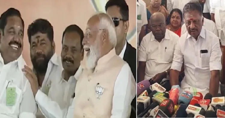 തമിഴ്നാട്ടിലെ മധുരാന്തകത്ത് എന്‍ഡിഎ പൊതുയോഗത്തിനെത്തിയ മോദി എഐഎഡിഎംകെ നേതാവും മുന്‍മുഖ്യമന്ത്രിയുമായ പനീര്‍ശെല്‍വവുമായി നര്‍മ്മം പങ്കിടുന്നു (ഇടത്ത്) ഒ. പനീര്‍ ശെല്‍വം എന്‍ഡിഎയില്‍ ചേര്‍ന്നതായി വാര്‍ത്താസമ്മേളനത്തില്‍ പ്രഖ്യാപിക്കുന്നു (വലത്ത്)