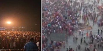 മലപ്പുറത്തെ തിരുനാവായില്‍ നടക്കുന്ന കുംഭമേളയുടെ ഭാഗമായുള്ള നിളാ ആരതി കാണാന്‍ തടിച്ചുകൂടിയ പതിനായിരങ്ങള്‍ (ഇടത്ത്) പ്രയാഗ് രാജിലെ മഹാകുംഭമേളയില്‍ പങ്കെടുക്കുന്ന ഭക്തര്‍ (വലത്ത്)